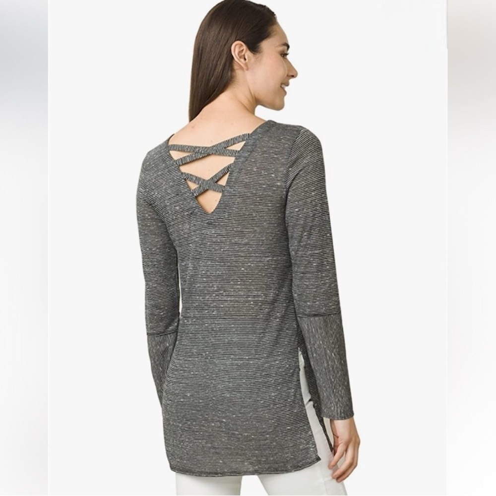 PrAna Esme Long Sleeve Top Black White Stripes Criss Cross Back Size XS NEW